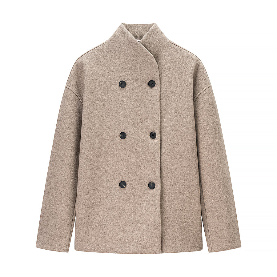 Langry fashion beige wool double-breasted coat with black buttons
