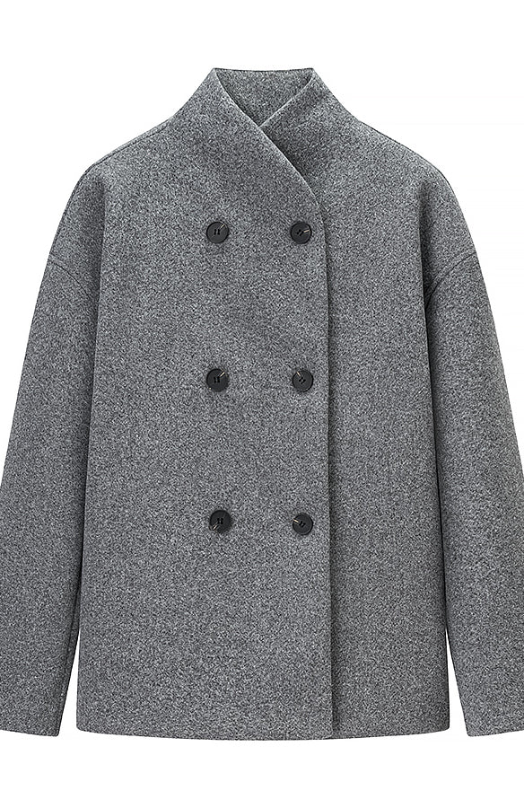 Langry fashion gray wool double-breasted coat with black buttons