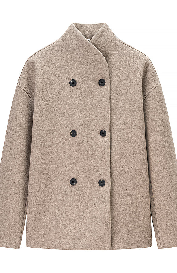 Langry fashion beige wool double-breasted coat with black buttons