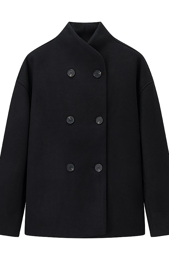 Langry black double-breasted wool coat with high collar and large buttons for winter fashion