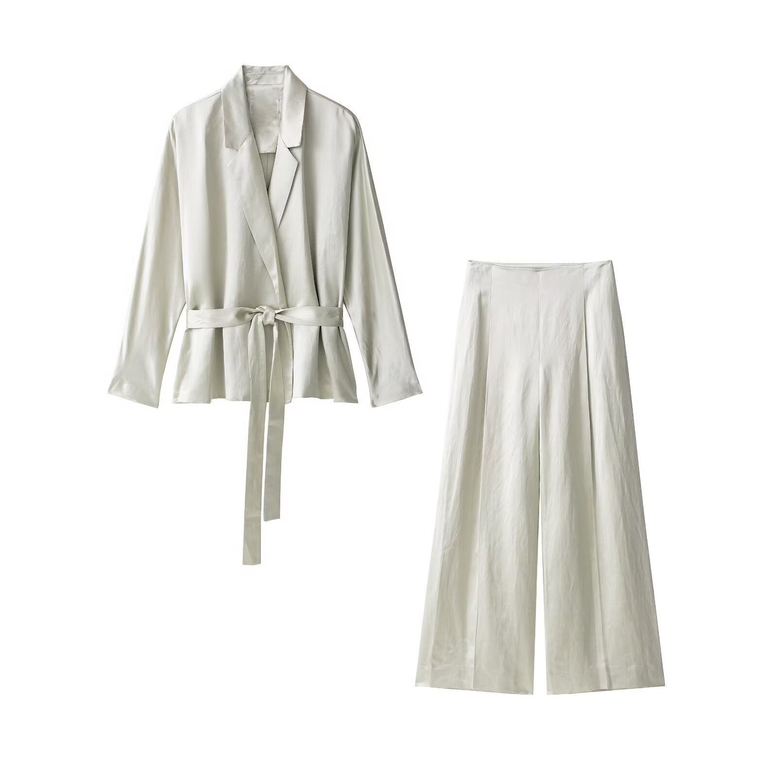 Elegant langry fashion white linen blazer and wide-leg satin pants set with belt