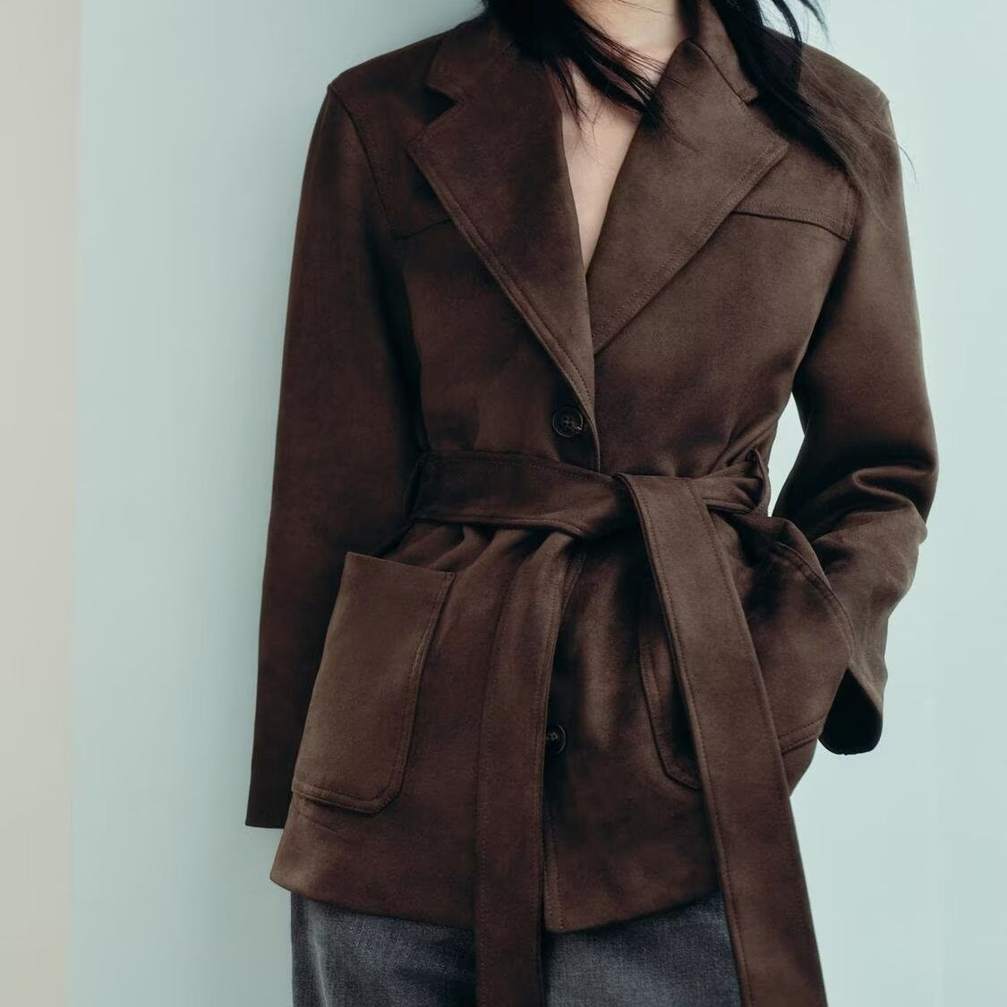 Classic langry brown wool suede effect coat with belt and pockets