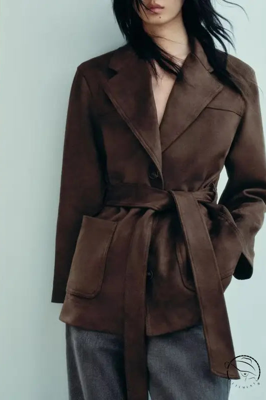Langry fashion brown wool coat with belt, pockets, suede effect