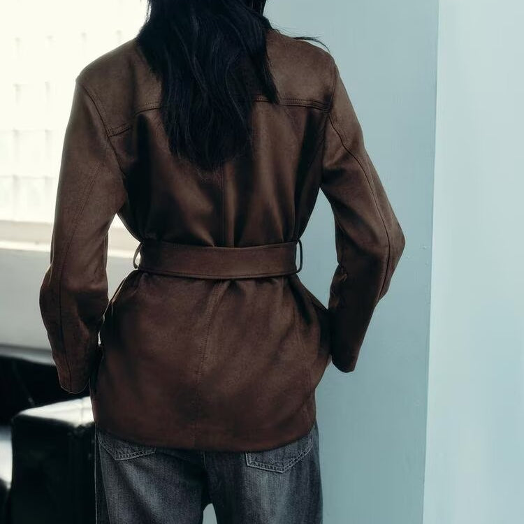 Langry fashion brown leather trench coat with belt and suede effect