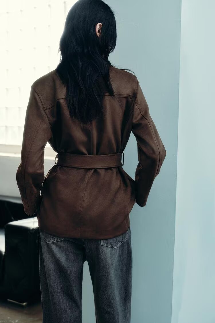 Langry fashion brown leather trench coat with belt and suede effect