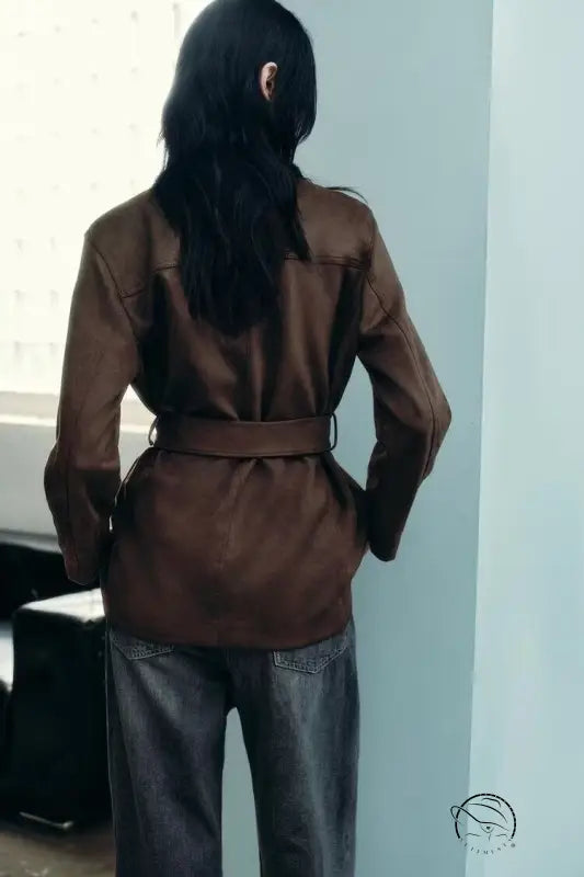 Langry fashion brown leather trench coat with black belt and suede effect