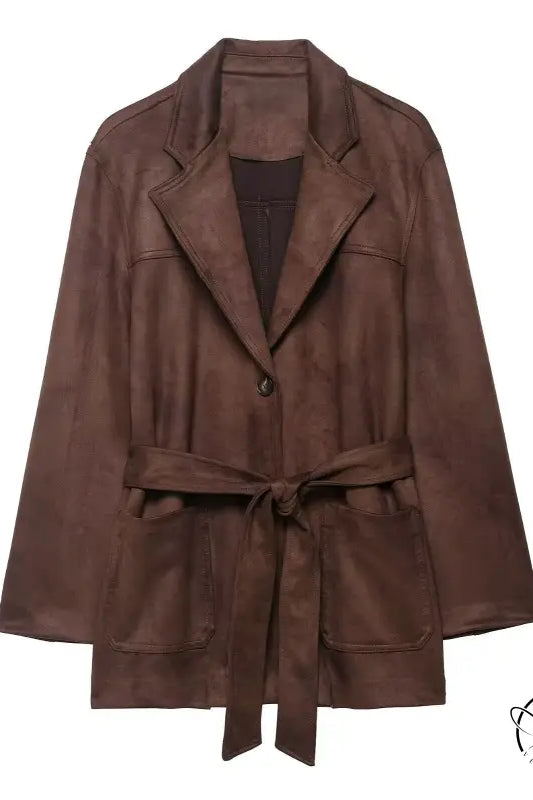 Langry fashion brown suede effect jacket with belt and pocket details