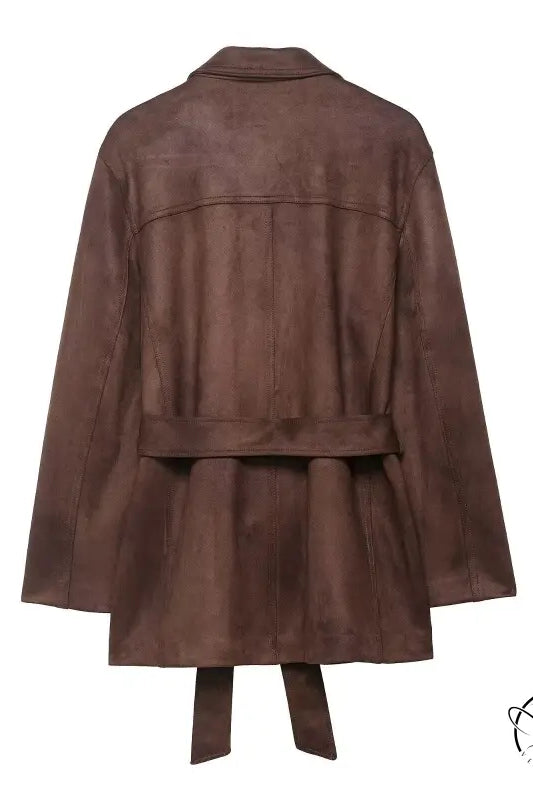 Langry fashion brown leather jacket with tie waist and button closure