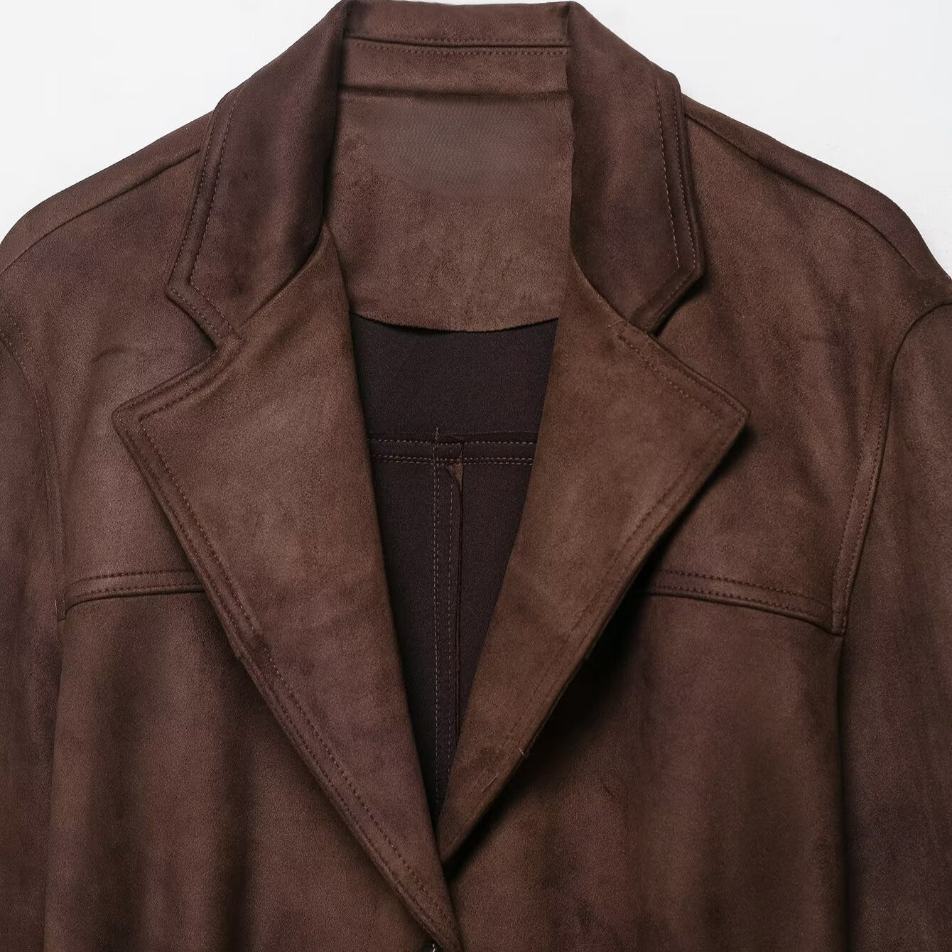 Langry fashion brown suede jacket with polo collar and belt