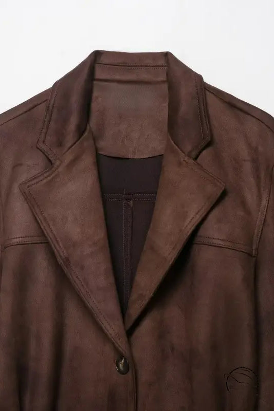 Langry brown suede leather jacket with polo collar and belt