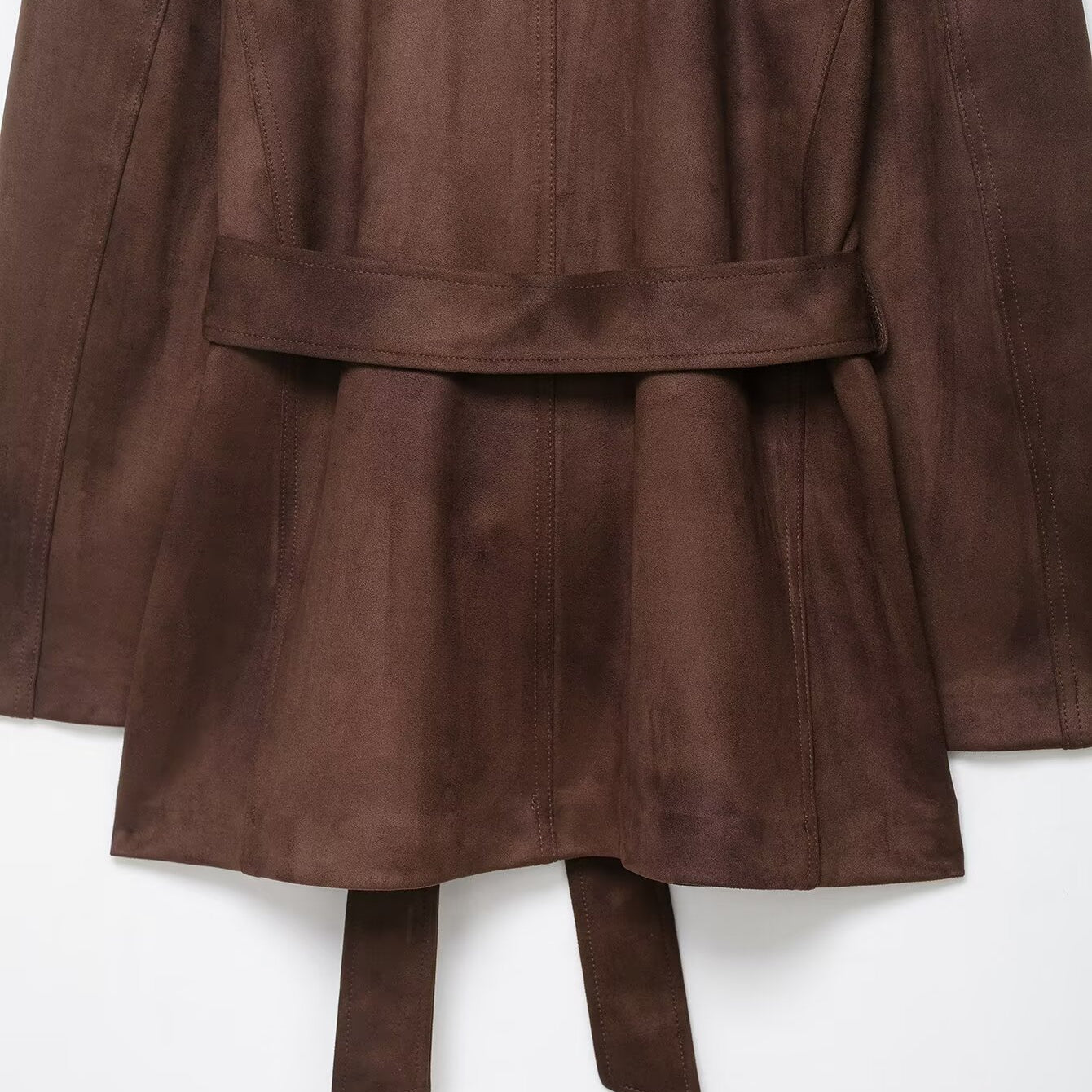 Langry fashion brown suede coat with tie belt and pocket detail