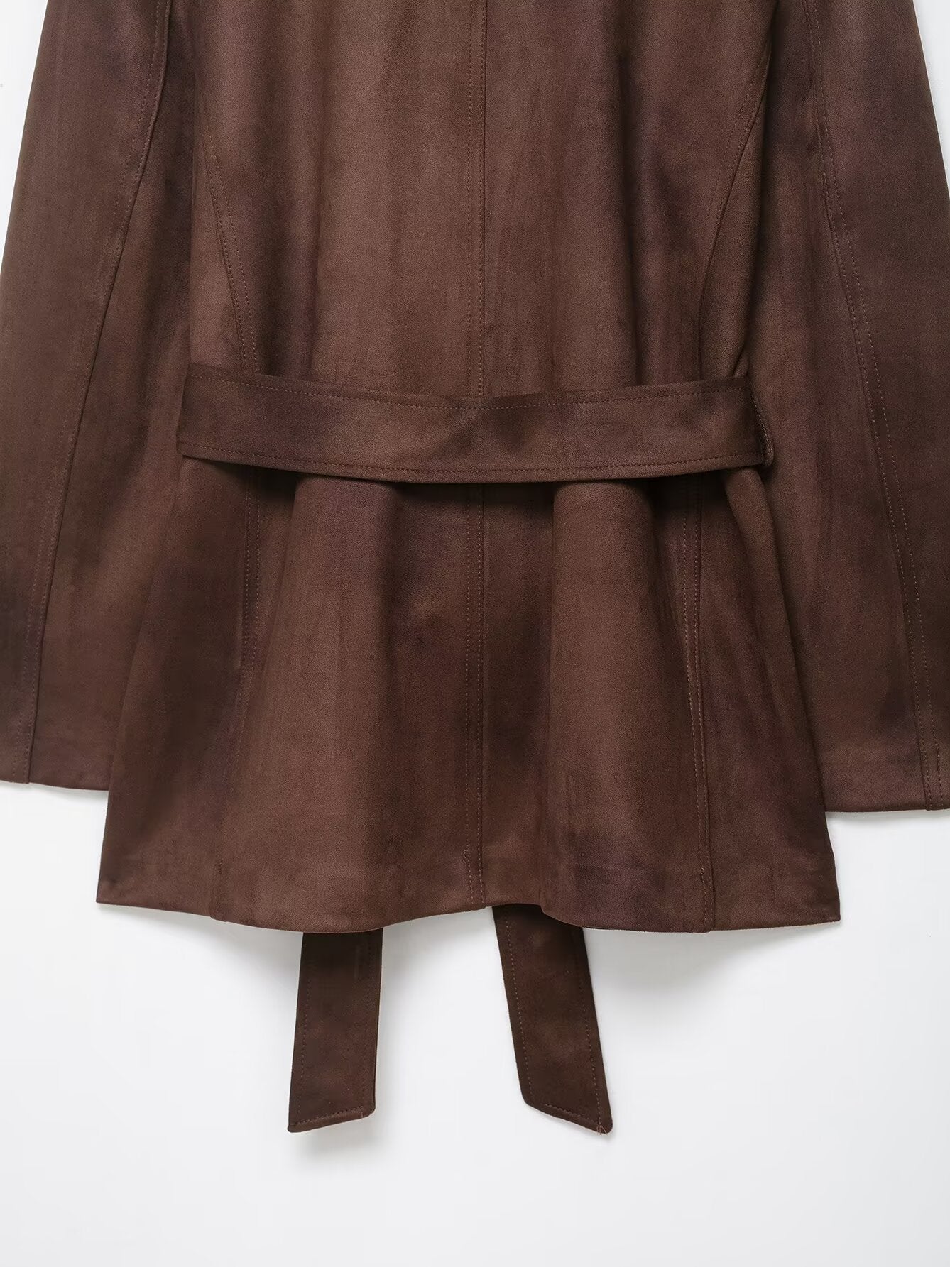 Langry fashion brown suede coat with tie belt and pocket detail