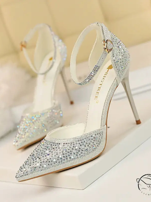 Sweet Stiletto Strap Shiny Rhinestone High Heel