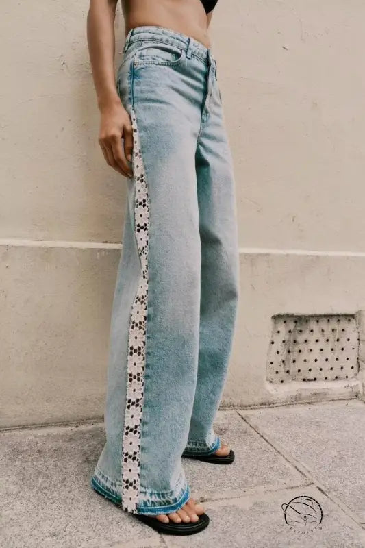 High waist wide leg jeans with spring autumn crochet floral embroidery