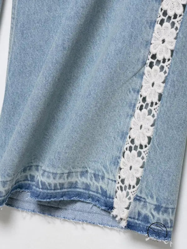High waist wide leg denim shorts with spring autumn crochet lace trim