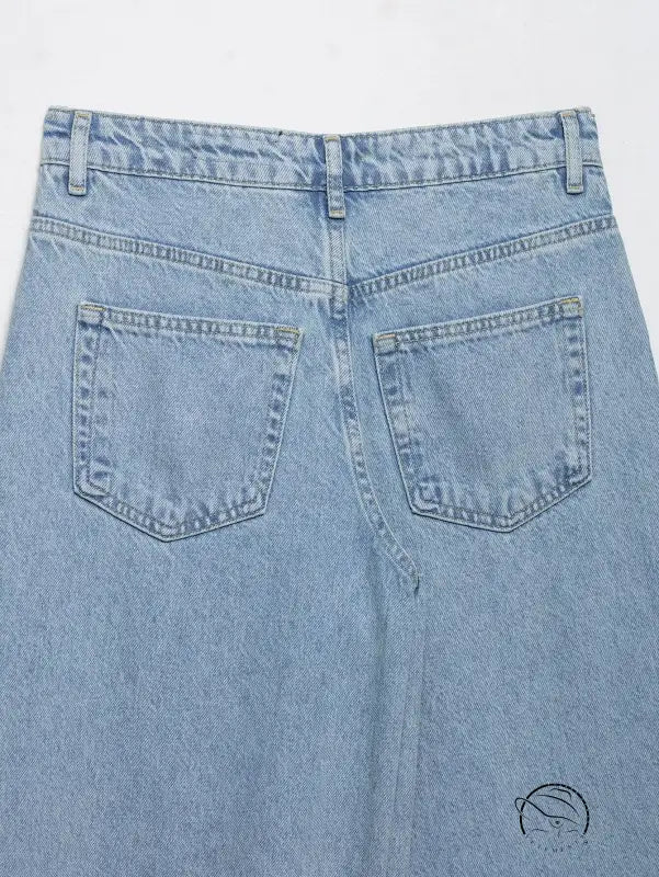 Light blue high waist wide leg jeans with crochet stitching and button fly