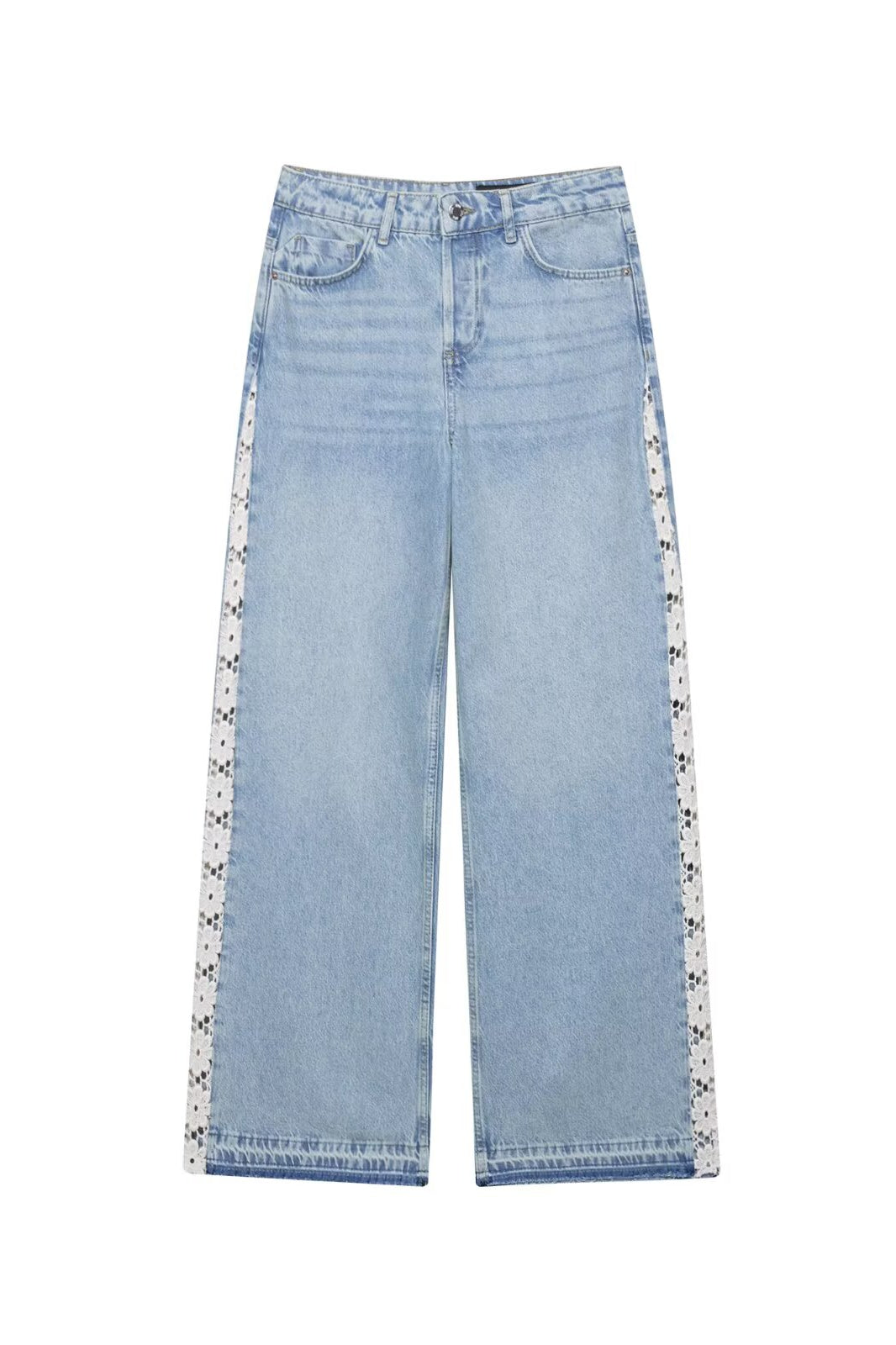 Light blue high-waist wide leg jeans with white floral embroidery and crochet stitching