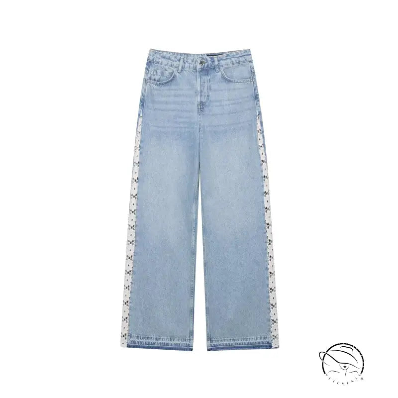 High waist wide leg jeans with light blue denim and white floral embroidery