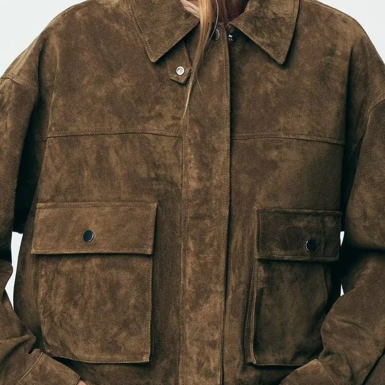 Brown suede leather bomber jacket with pockets and button closure