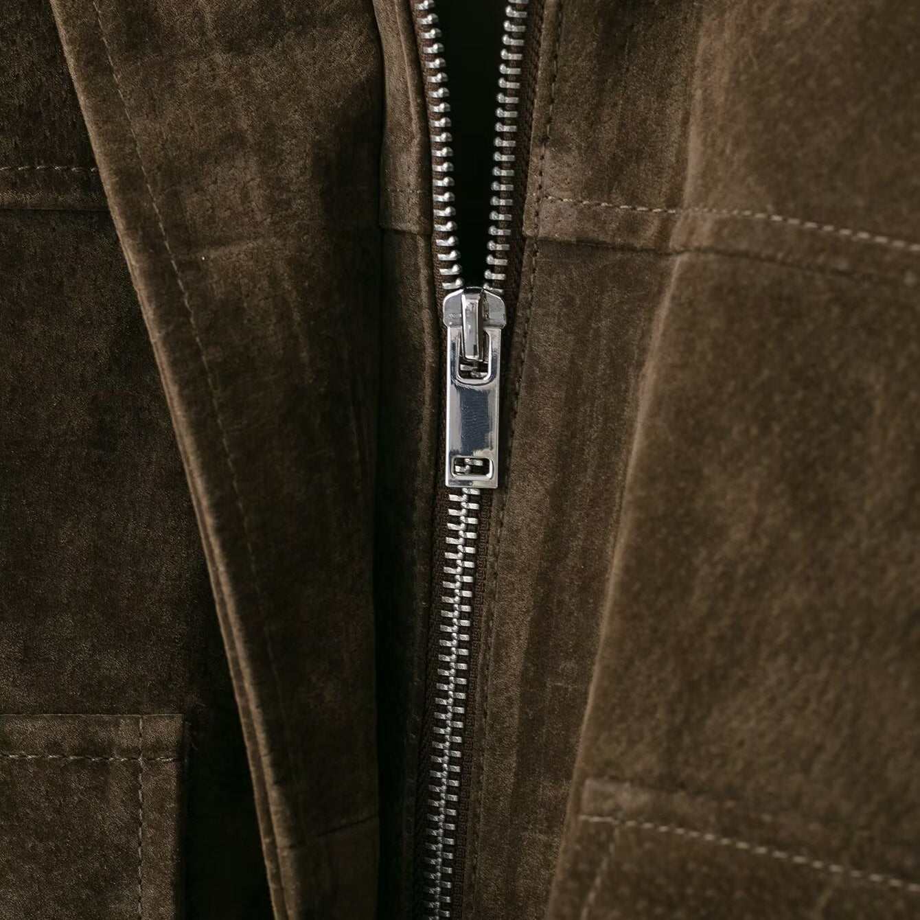 Brown suede leather bomber jacket with silver zipper and pocket