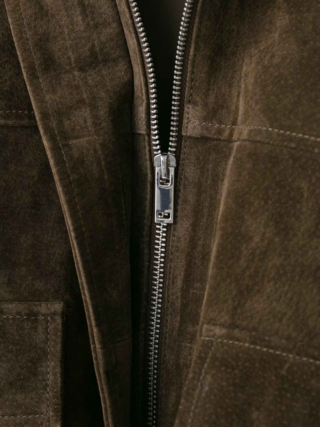 Brown suede leather bomber jacket with silver zipper and pocket