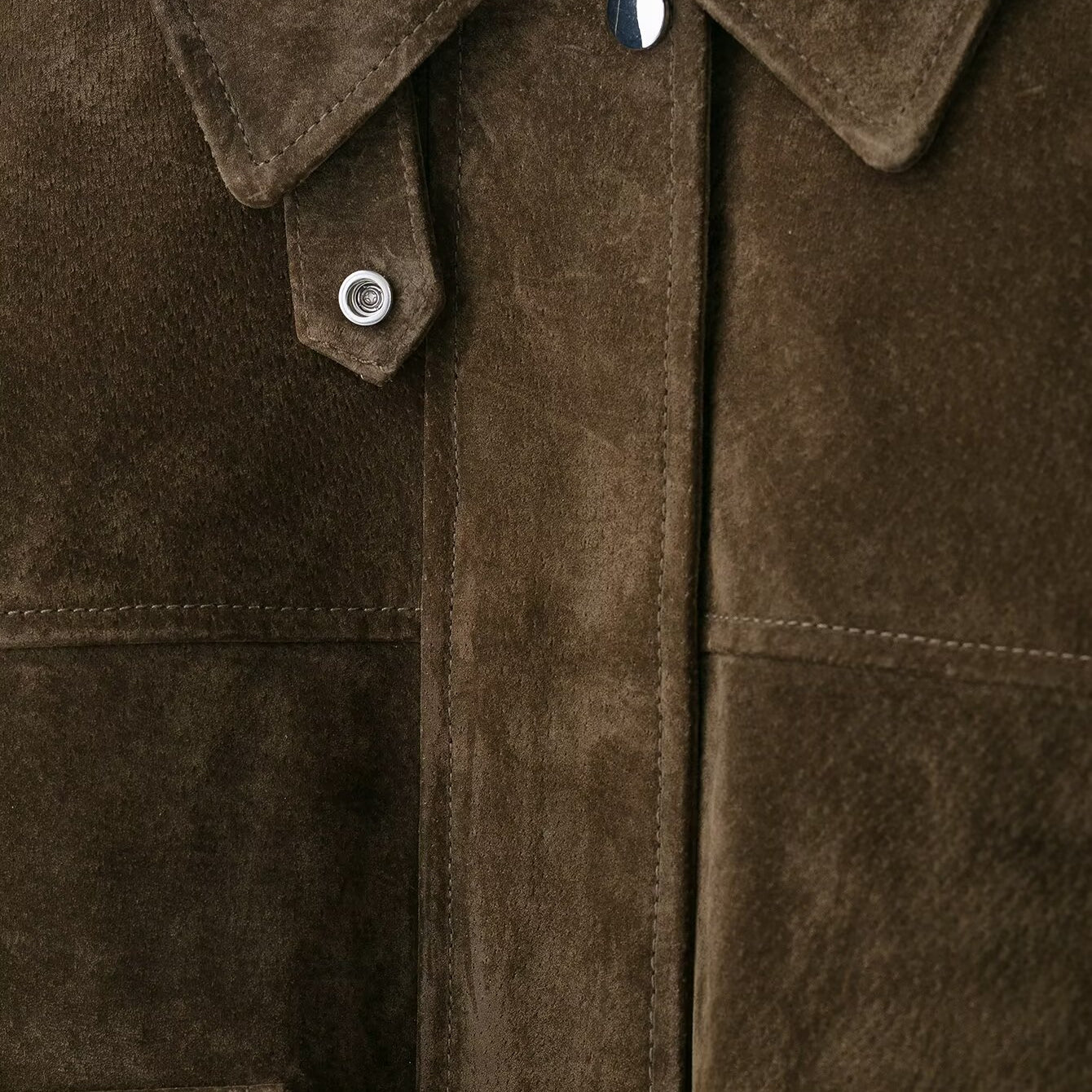 Brown suede leather bomber jacket with silver buttons and pocket details