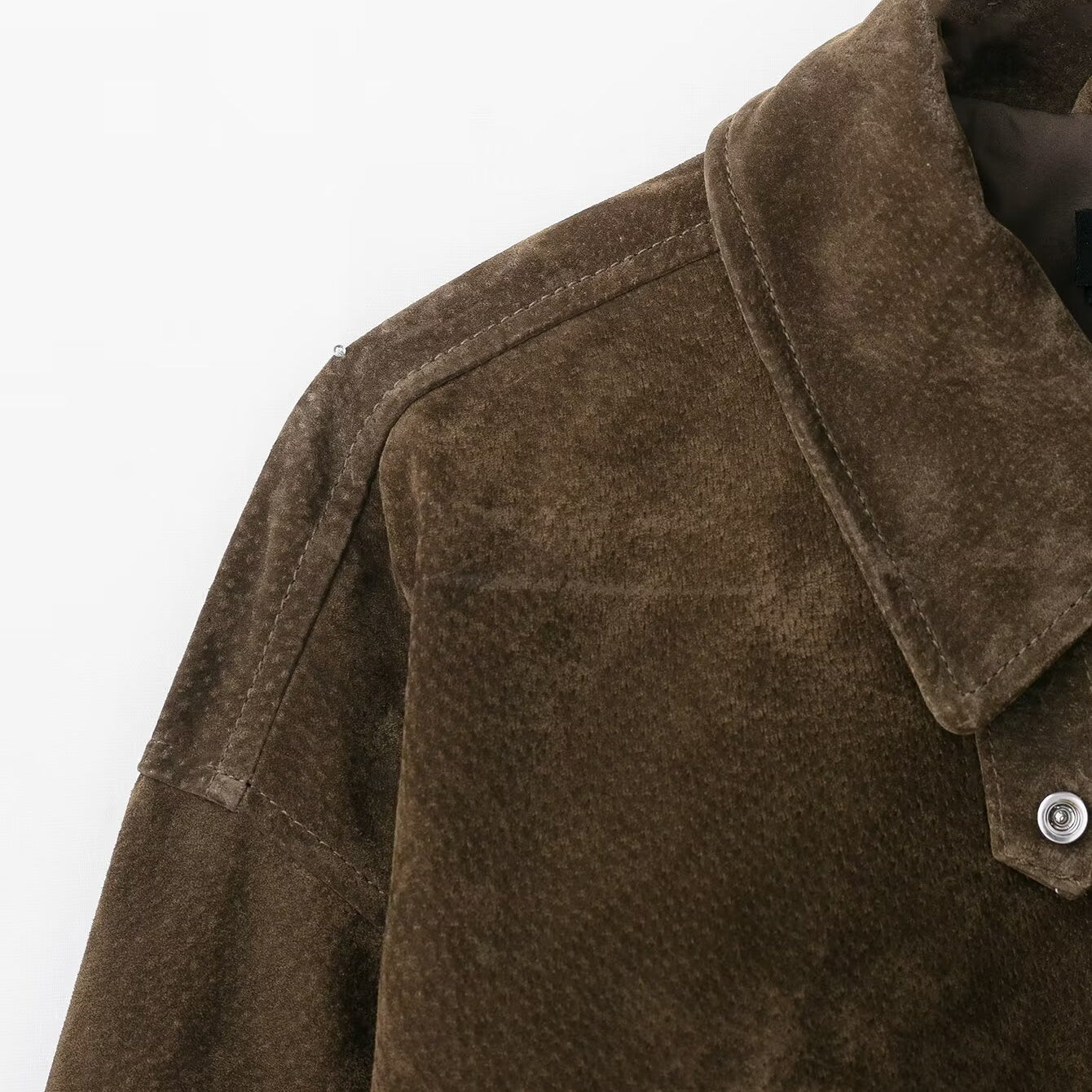 Brown suede leather bomber jacket with button closure and collar