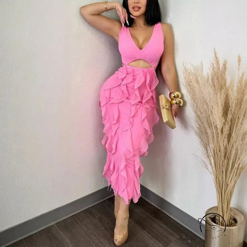 Enchanting ruffled split dress with pink layers and deep V-neck