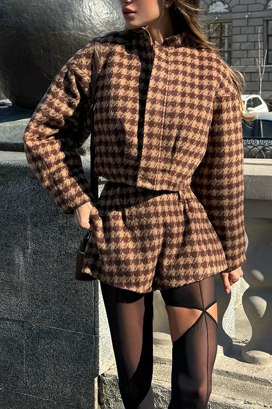Langry fashion brown black checkered wool coat with belt stockings boots
