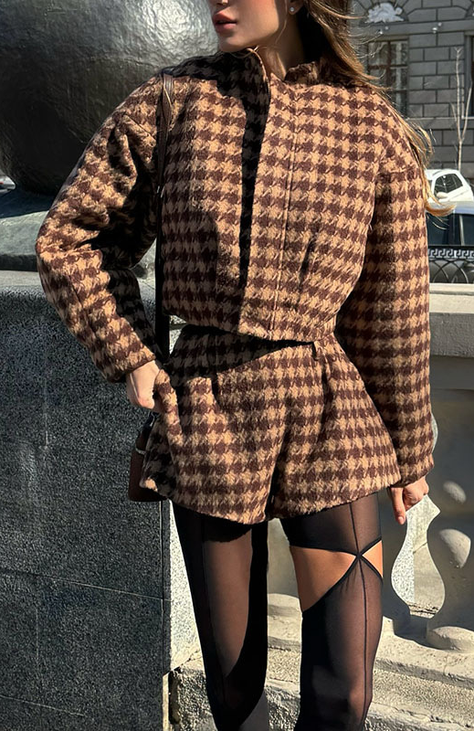 Langry fashion brown black checkered wool coat with belt stockings boots