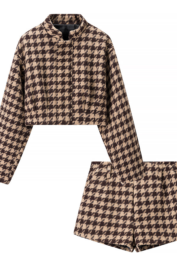Langry classic houndstooth two-piece fashion set in brown and beige wool