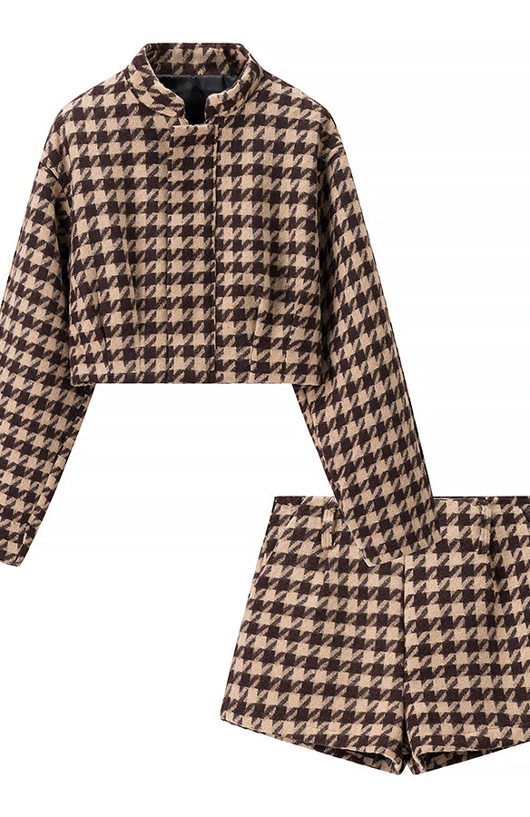 Langry classic houndstooth two-piece fashion set in brown and beige wool