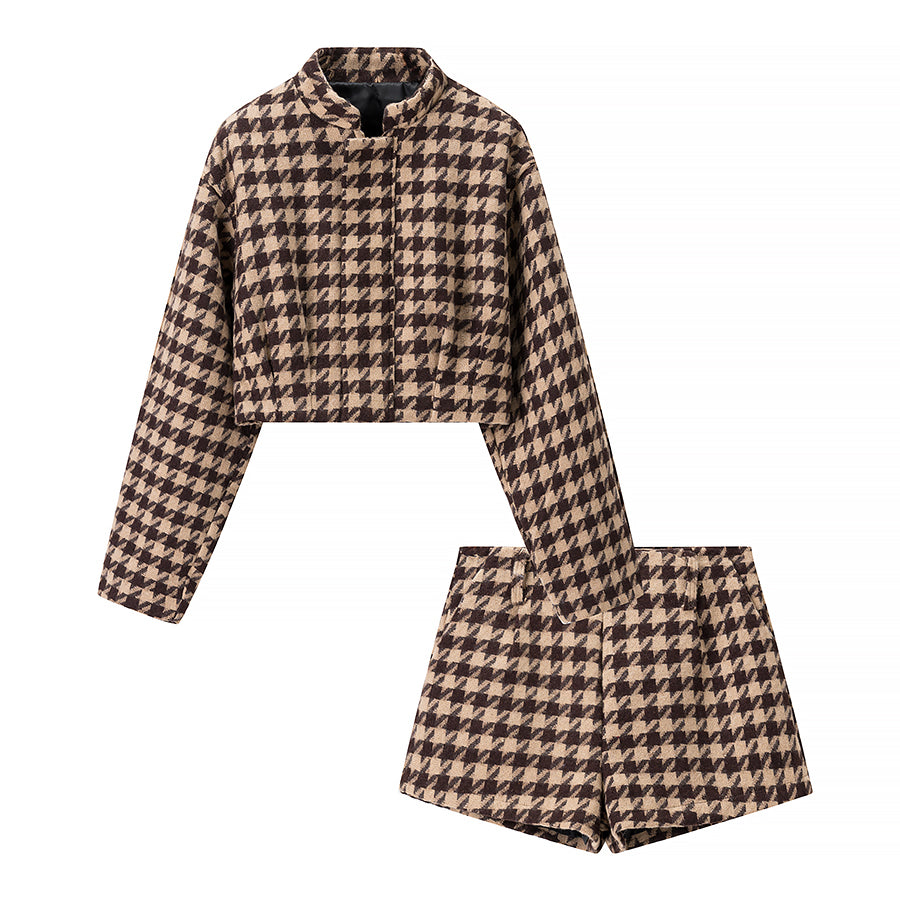 Langry classic houndstooth two-piece fashion set in brown and beige wool