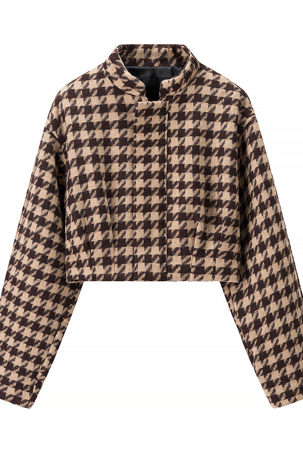 Langry fashion houndstooth cropped jacket in brown and beige