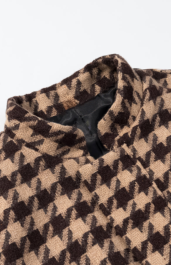 Langry fashion houndstooth wool coat in brown and beige with black lining
