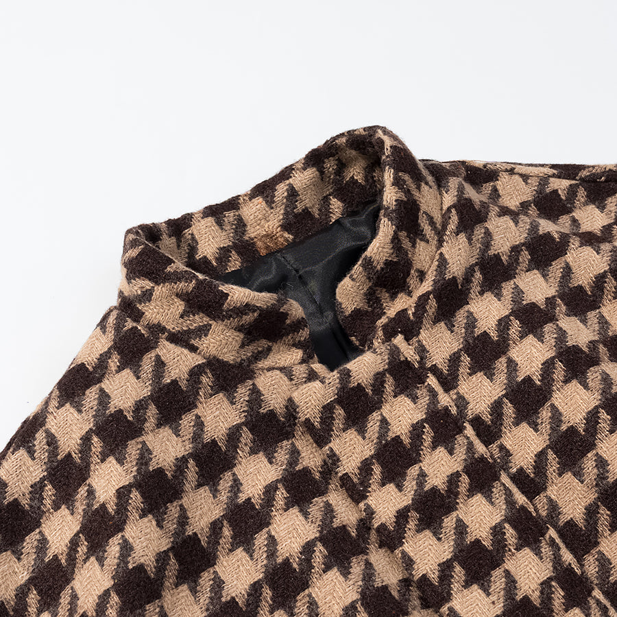 Langry fashion houndstooth wool coat in brown and beige with black lining