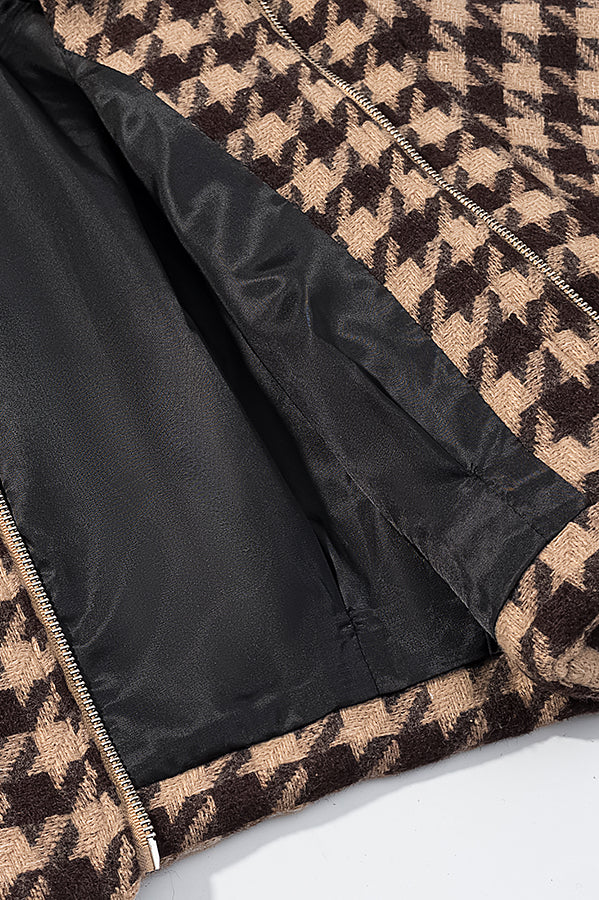 Langry fashion houndstooth jacket in brown beige with black lining, stylish two-piece set