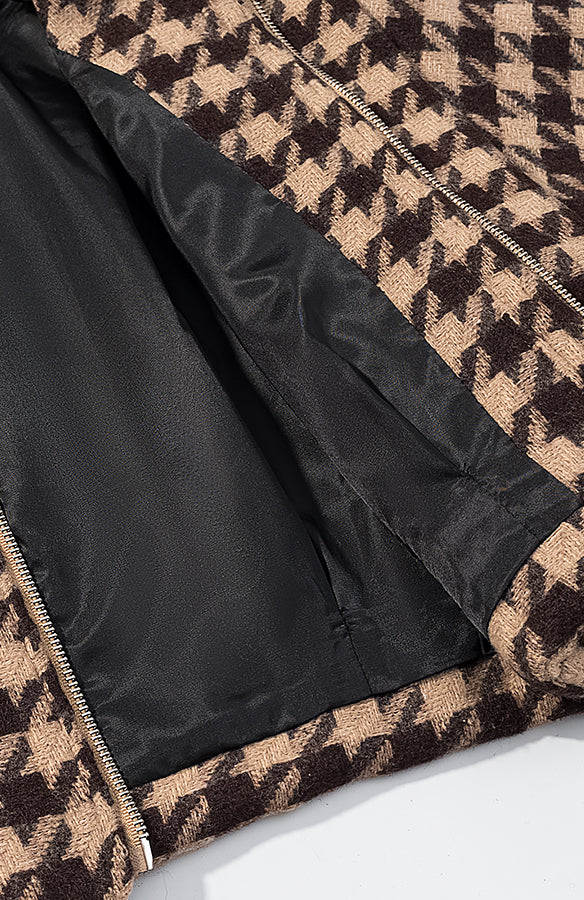 Langry fashion houndstooth jacket in brown beige with black lining, stylish two-piece set