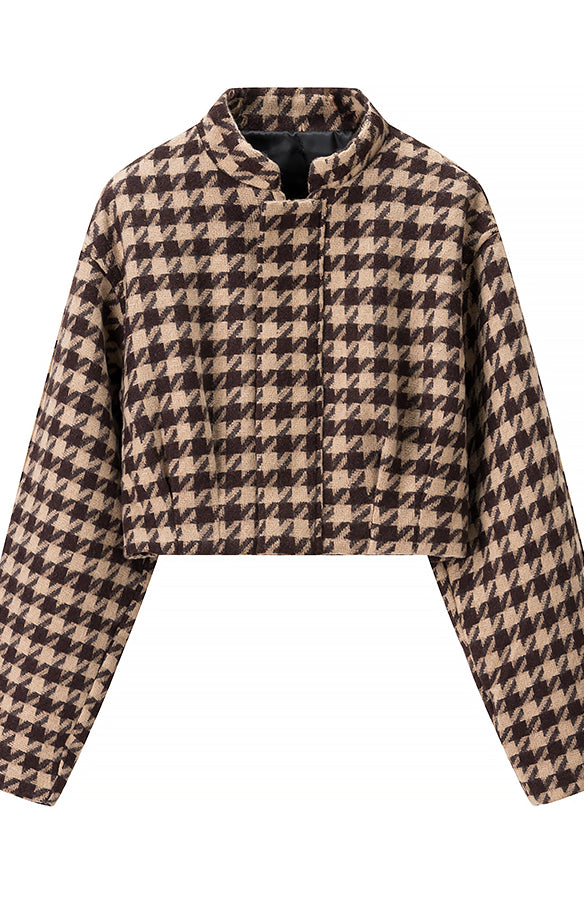 Langry fashion brown beige houndstooth cropped jacket with stand-up collar in classic stylish two-piece set