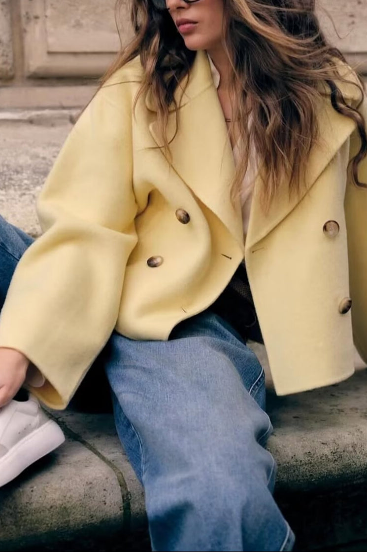 Langry fashion gorgeous short woolen yellow double-breasted coat with gold buttons