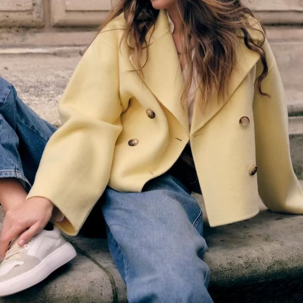 Langry fashion gorgeous short woolen yellow double-breasted coat with gold buttons