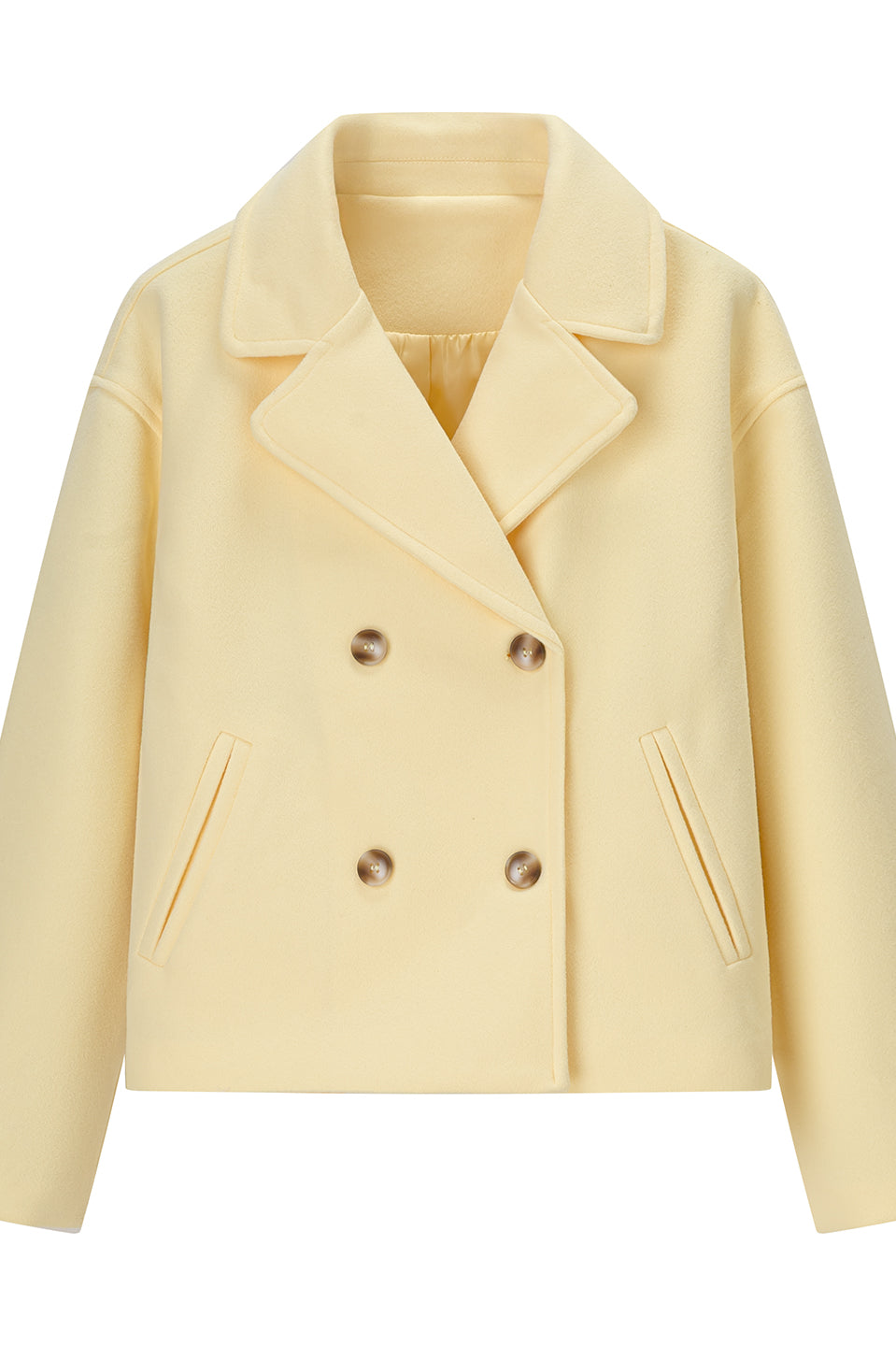 Langry gorgeous short woolen coat: yellow double-breasted fashion jacket with classic collar