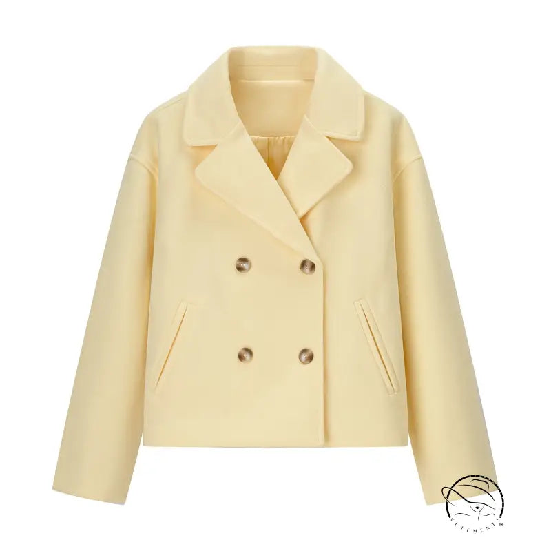 Gorgeous short woolen langry fashion coat in yellow double-breasted style with classic collar