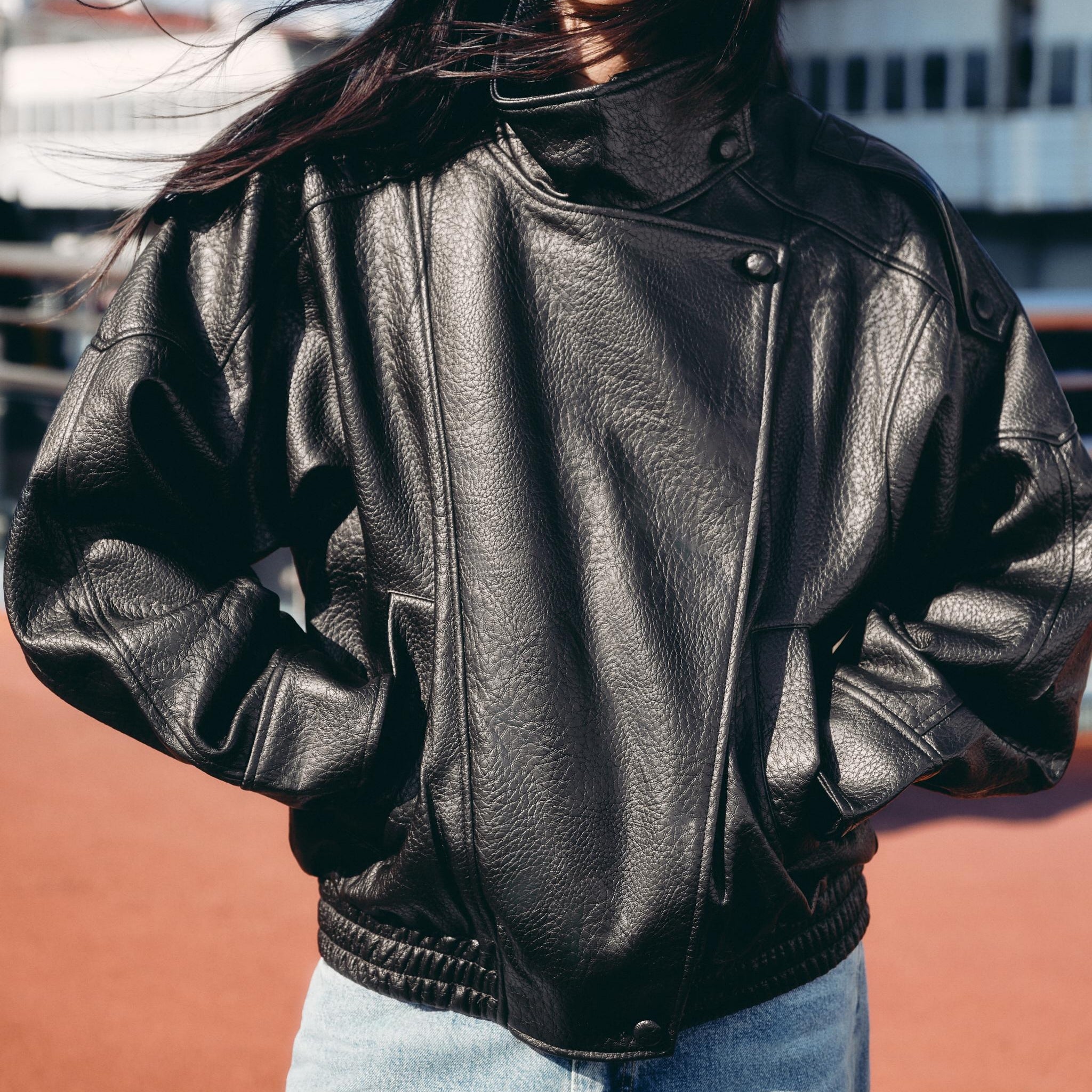 Langry retro pattern faux leather jacket with high collar and buttons