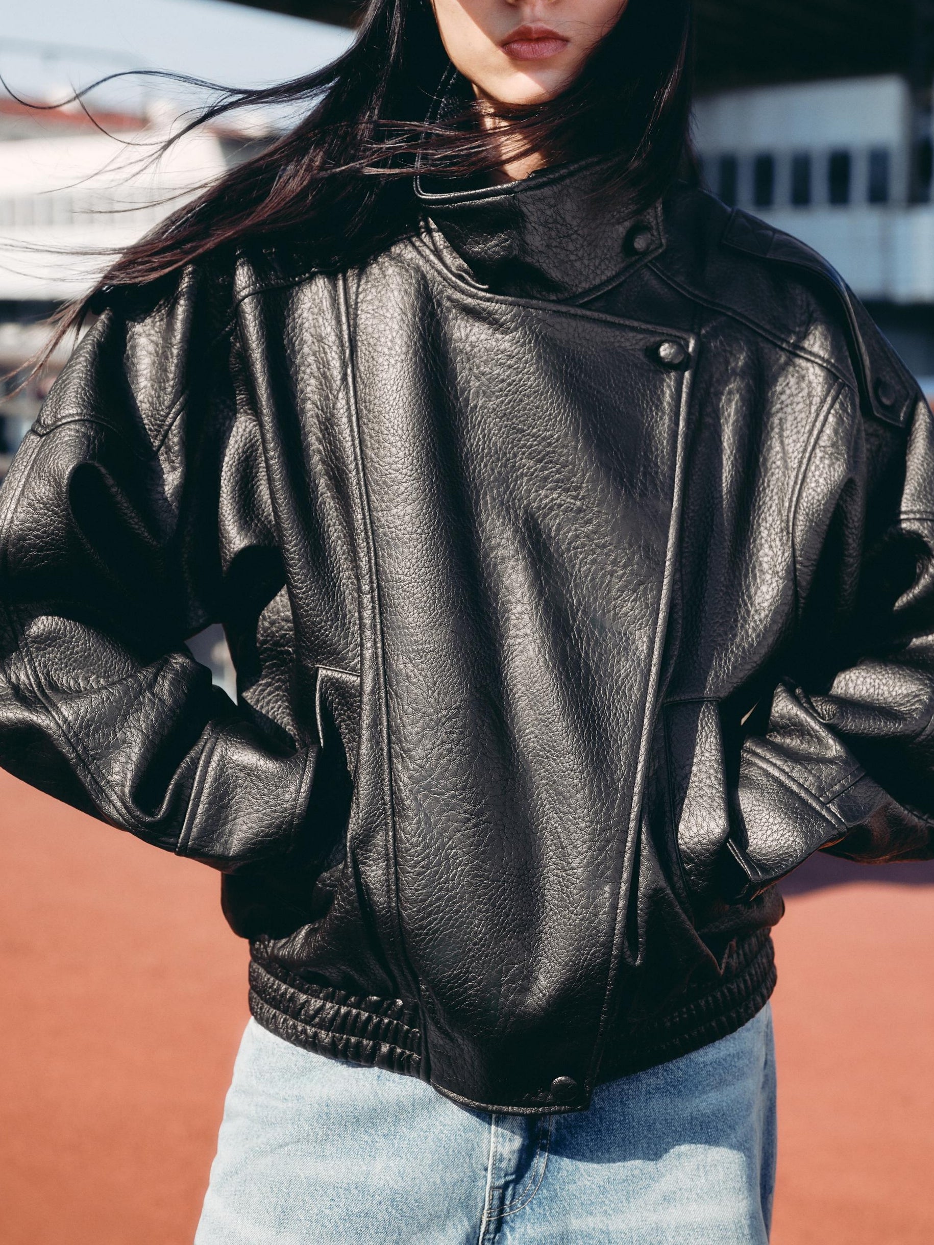 Langry retro pattern faux leather jacket with high collar and buttons