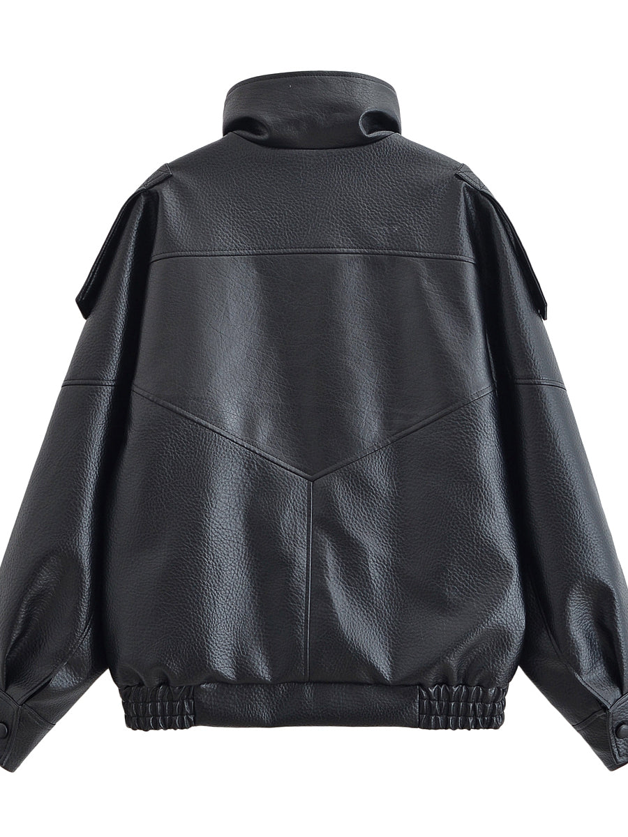 Langry faux leather jacket with retro pattern, high collar, button closure