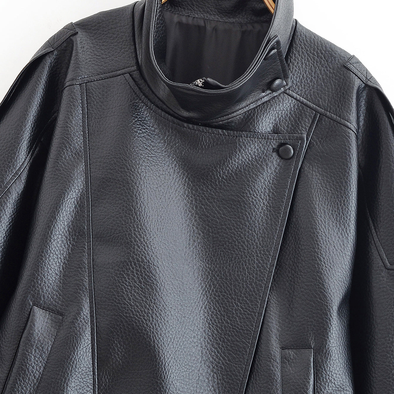 Langry retro pattern faux leather jacket with high collar and buttons