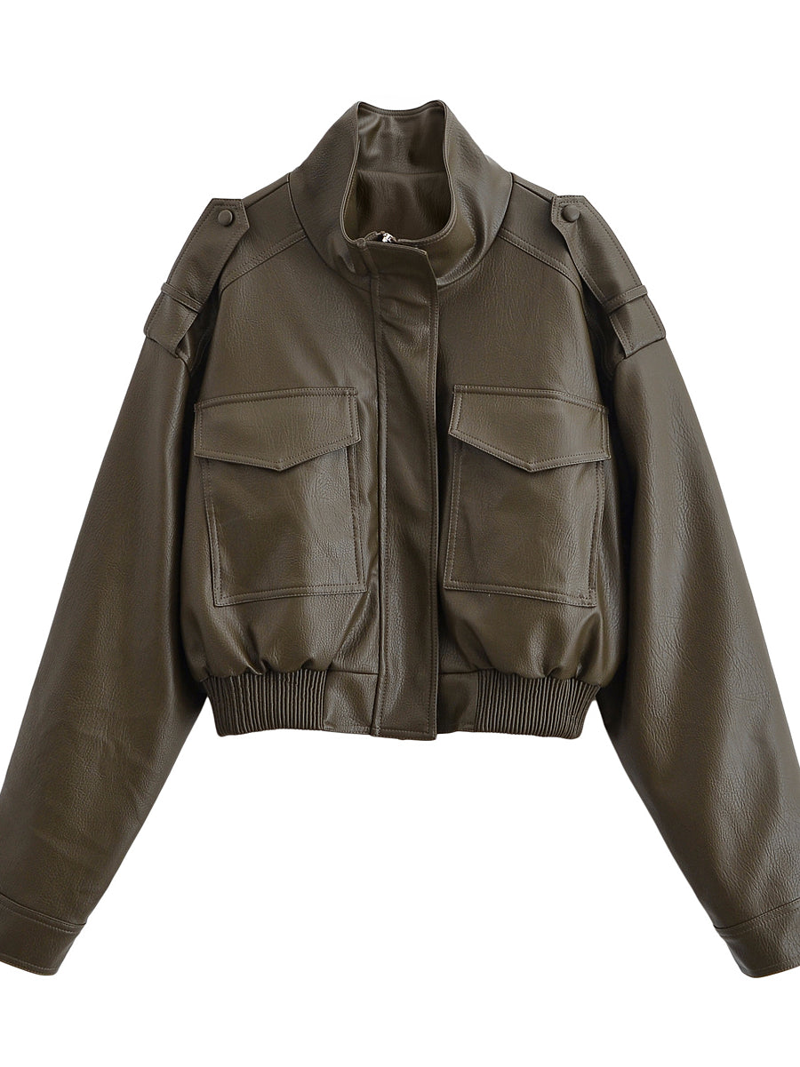Langry faux leather olive green bomber jacket with patch pockets