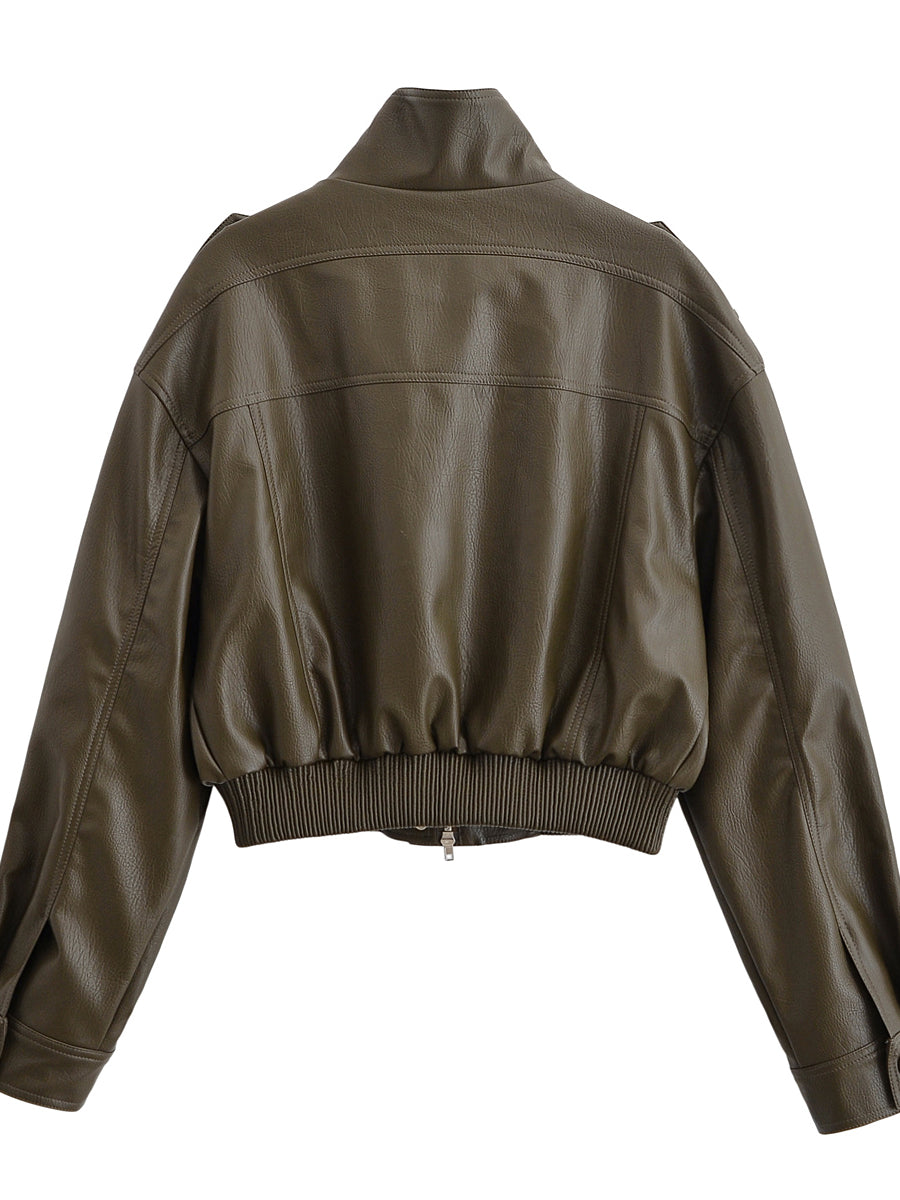 Olive green faux leather bomber jacket with high collar, ribbed cuffs