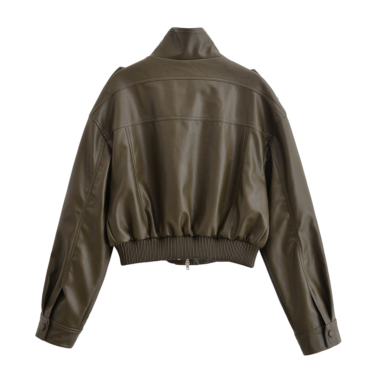 Olive green faux leather bomber jacket with high collar, ribbed cuffs